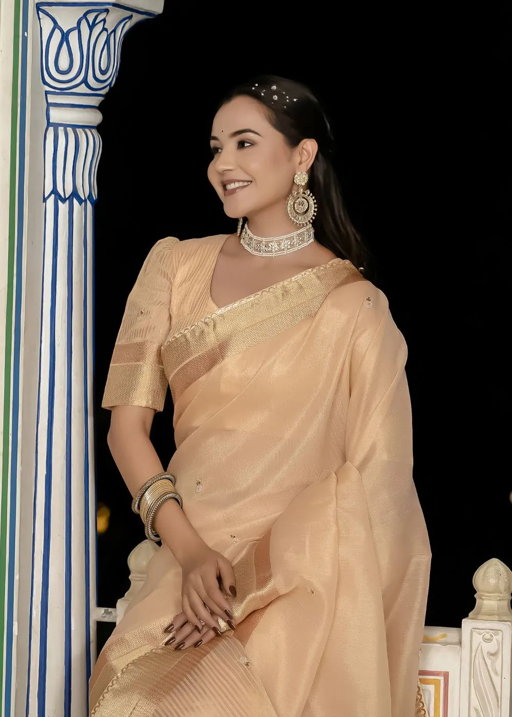 Caramel Glow Woven Saree with Designer Tassels and Khatli Embroidery