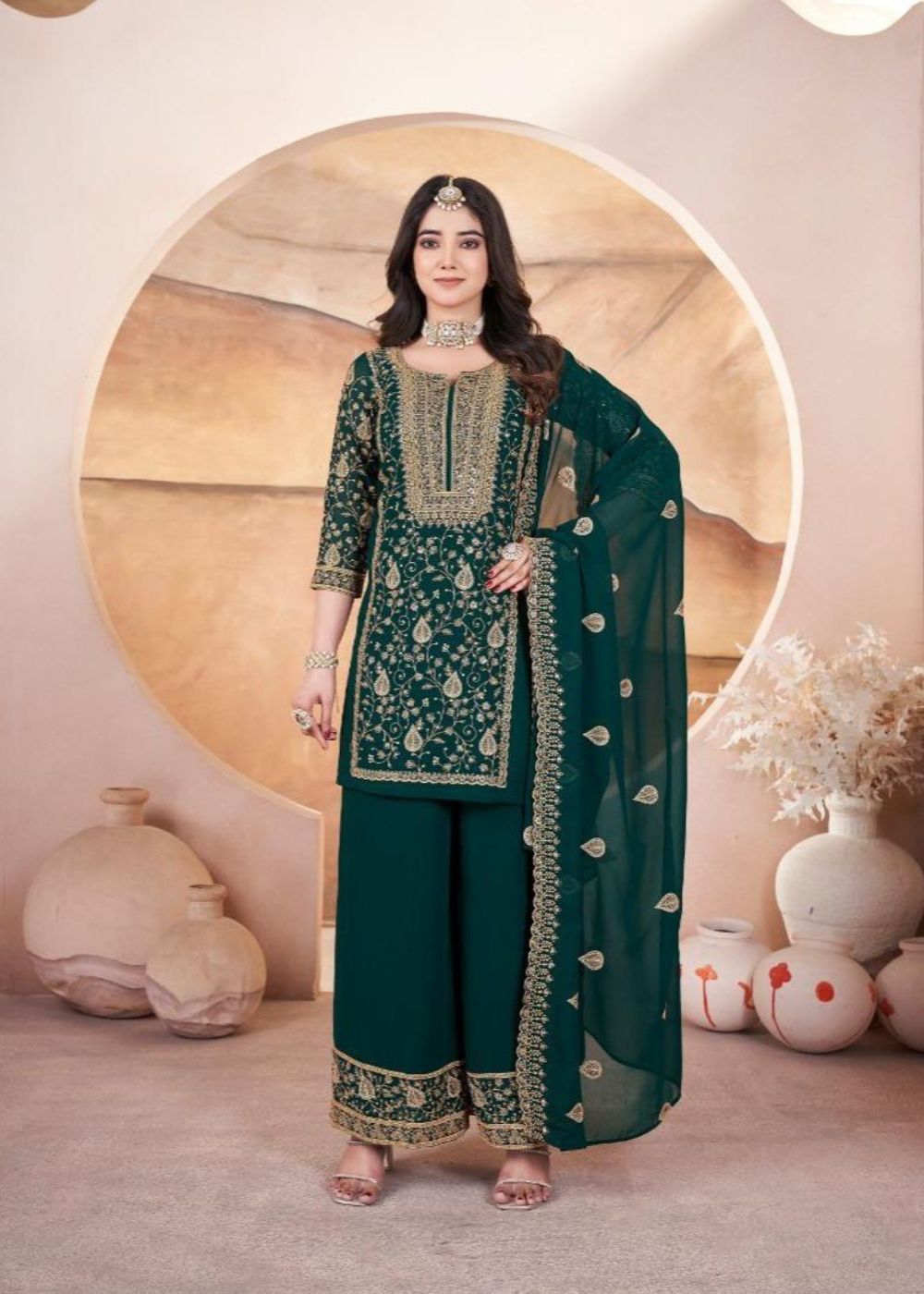 Hariyaali–Emerald Green Embroidered Georgette Ensemble
