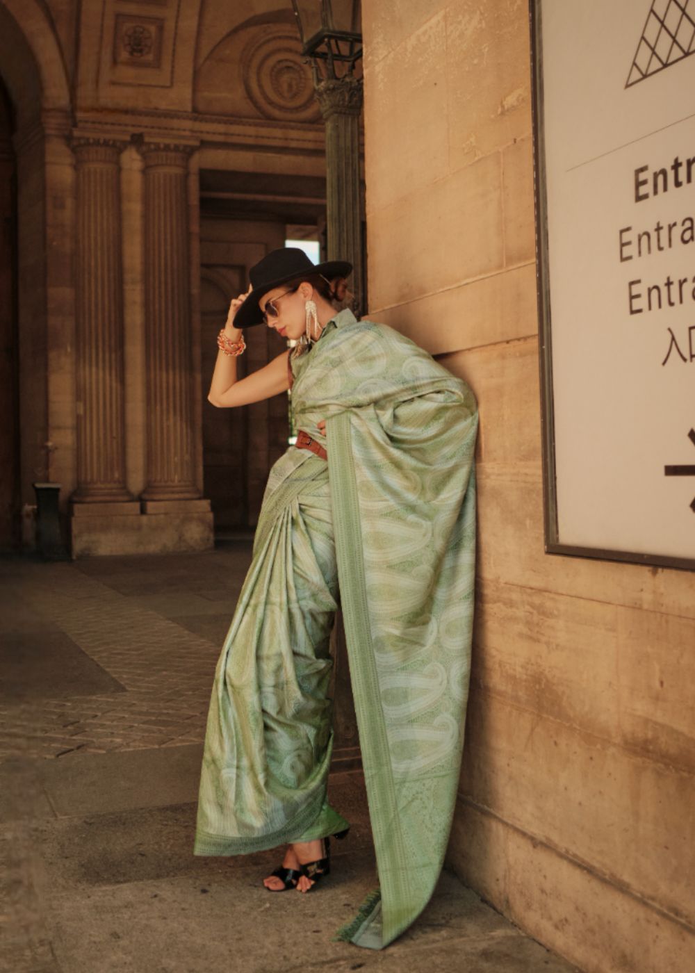 Sage Green Satin Silk Saree with Self-Weaving