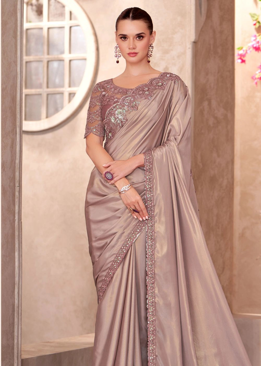 Beige Satin Chiffon Saree with Shimmer Embroidery