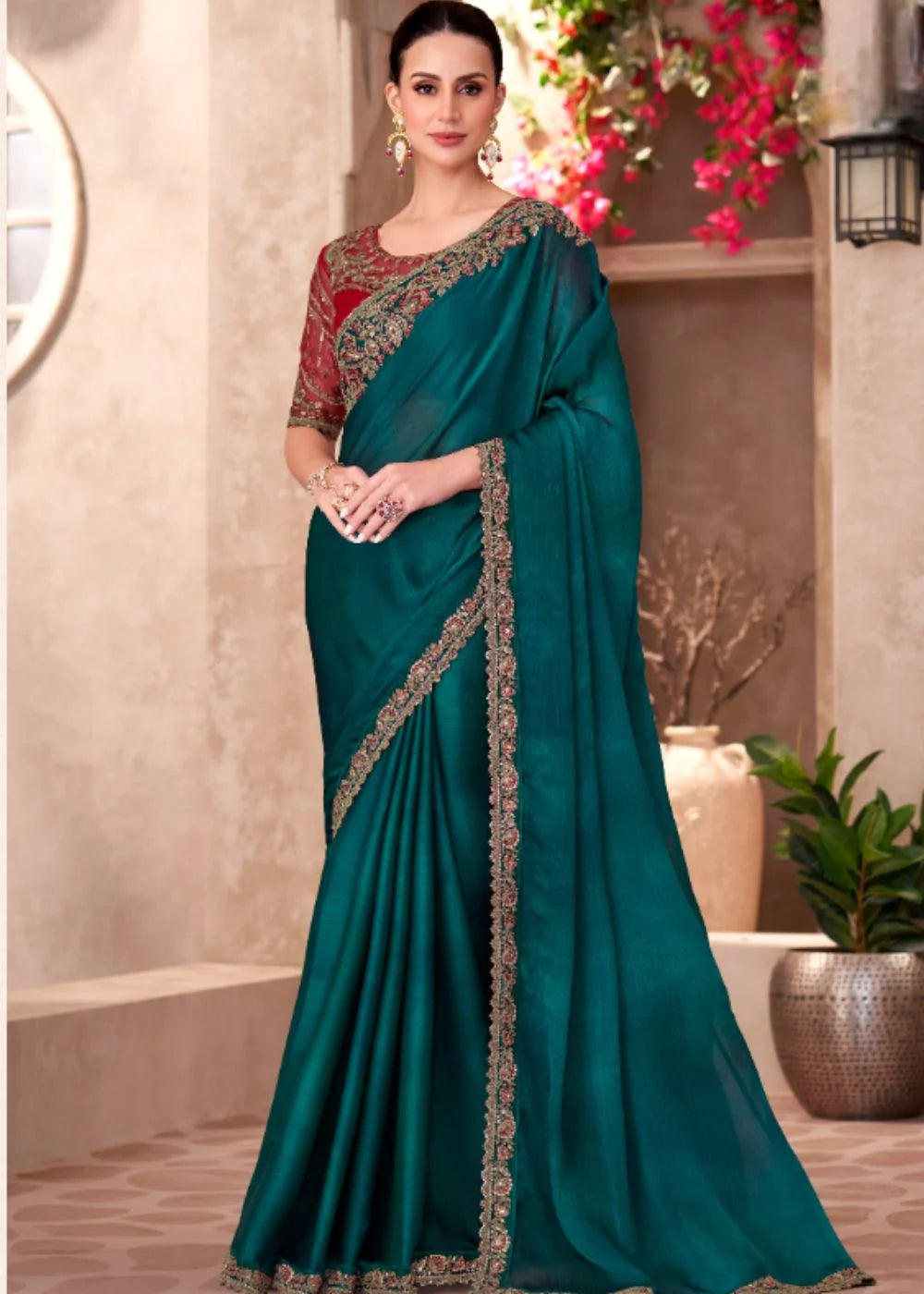 Bottle Green Chiffon Saree with Heavy Lace Embroidery