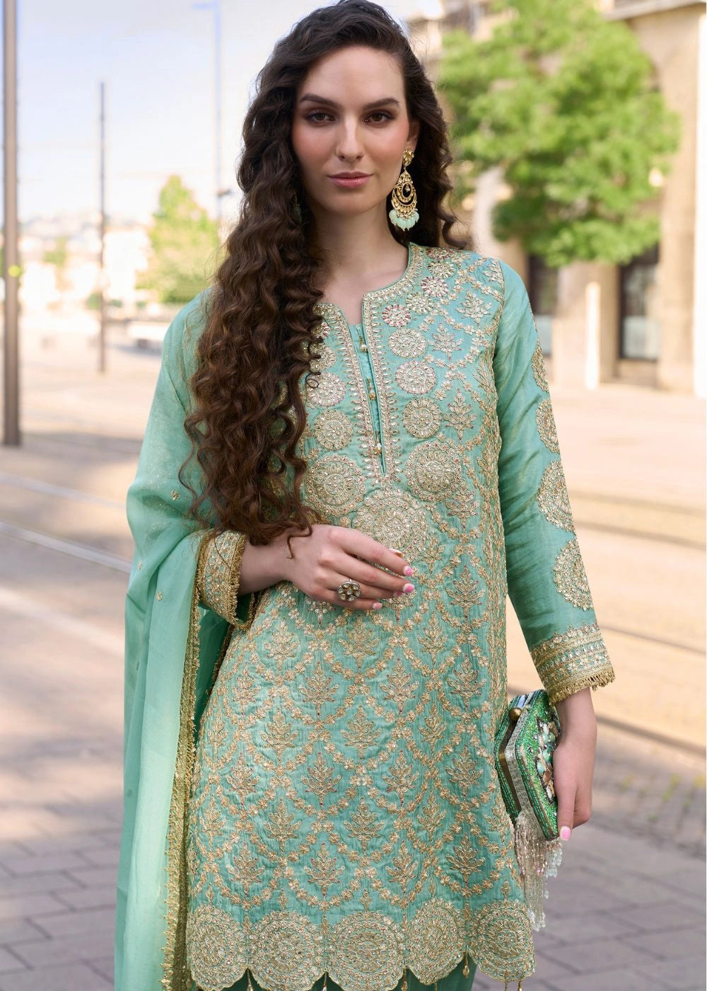 Pastel Mint Simar Silk Suit with Golden Embroidery & Scallop Dupatta