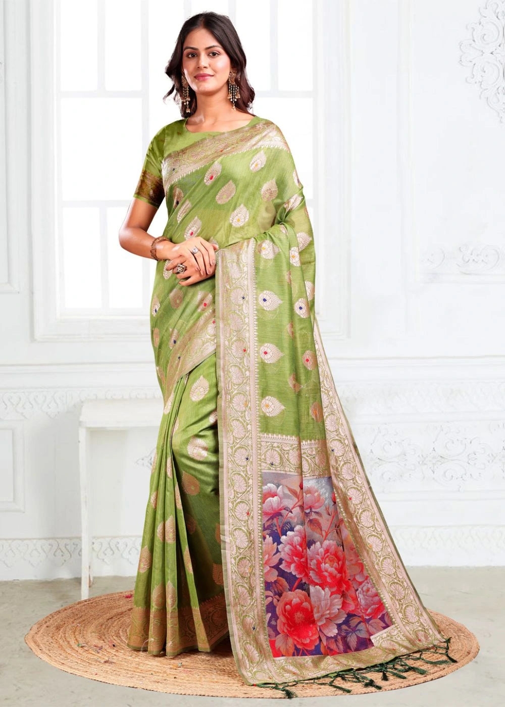 Olive Green Linen Cotton Saree with Traditional Paisley Design & Floral Artwork Pallu