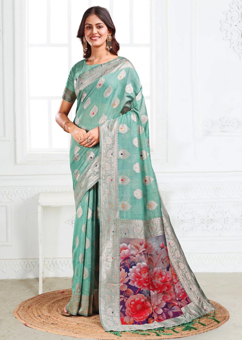 Sea Green Linen Cotton Saree with Silver Paisley Weaves & Vibrant Floral Pallu