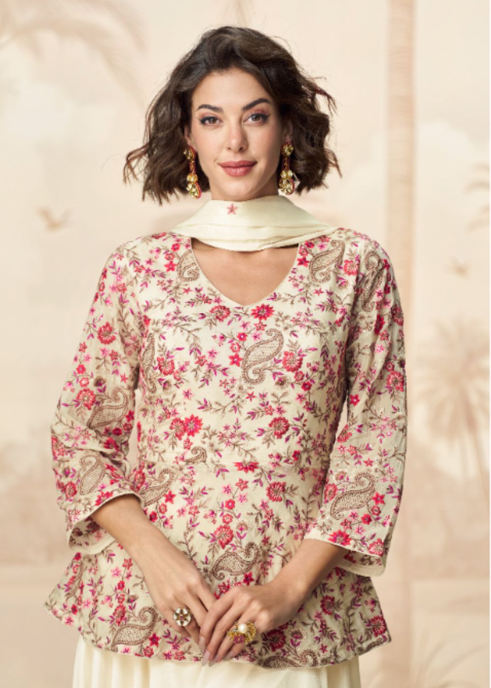 Ivory Bloom Royale – Premium Cream Floral Embroidered Kurti with Flared Skirt Ensemble
