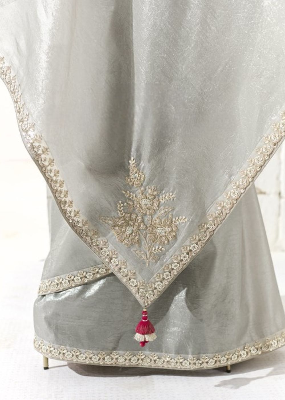 Rajsundari – Silver Grey Organza Tissue Saree with Butta & Designer Border