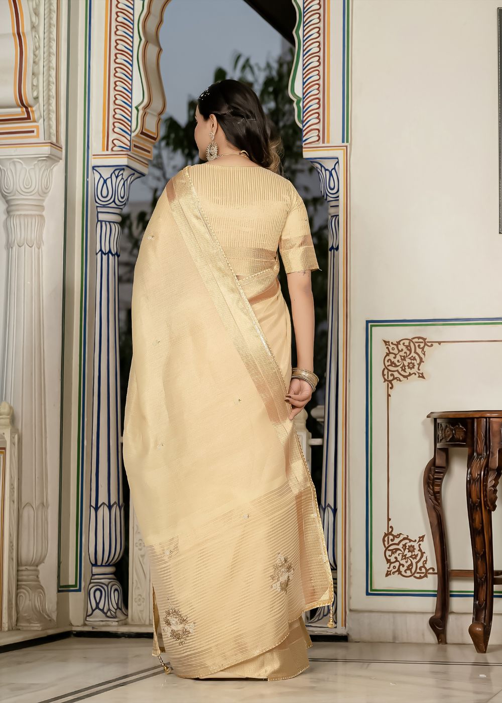 Golden Aura Celebration Saree in Tissue Linen with Intricate Hand Embroidery
