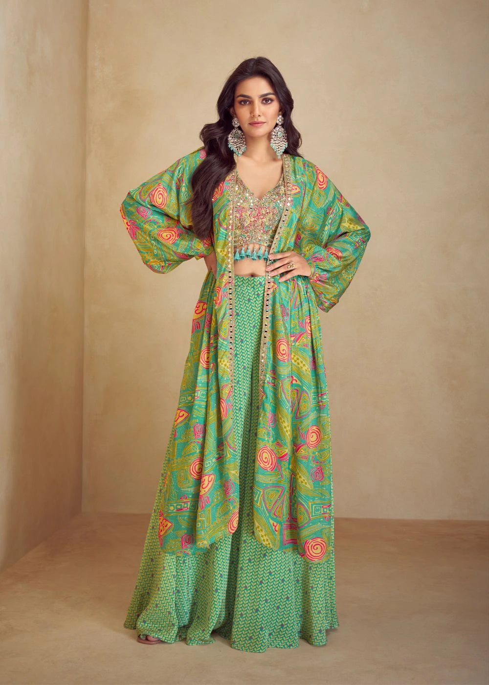 Green Mosaic Real Chinon & Silk Palazzo Jacket Set