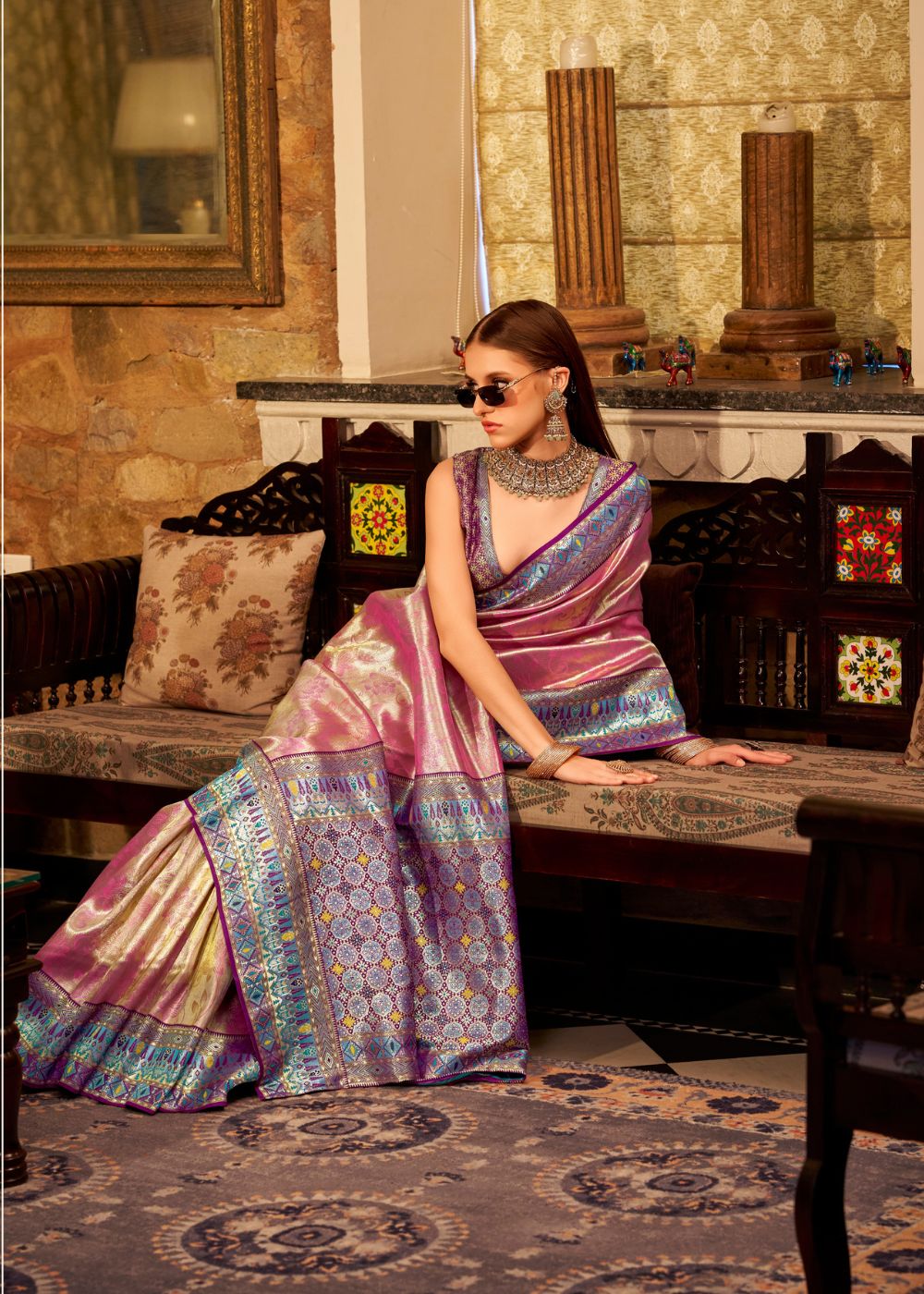 Lavender Pink Tissue Silk Saree with Designer Contrast Border & Pallu