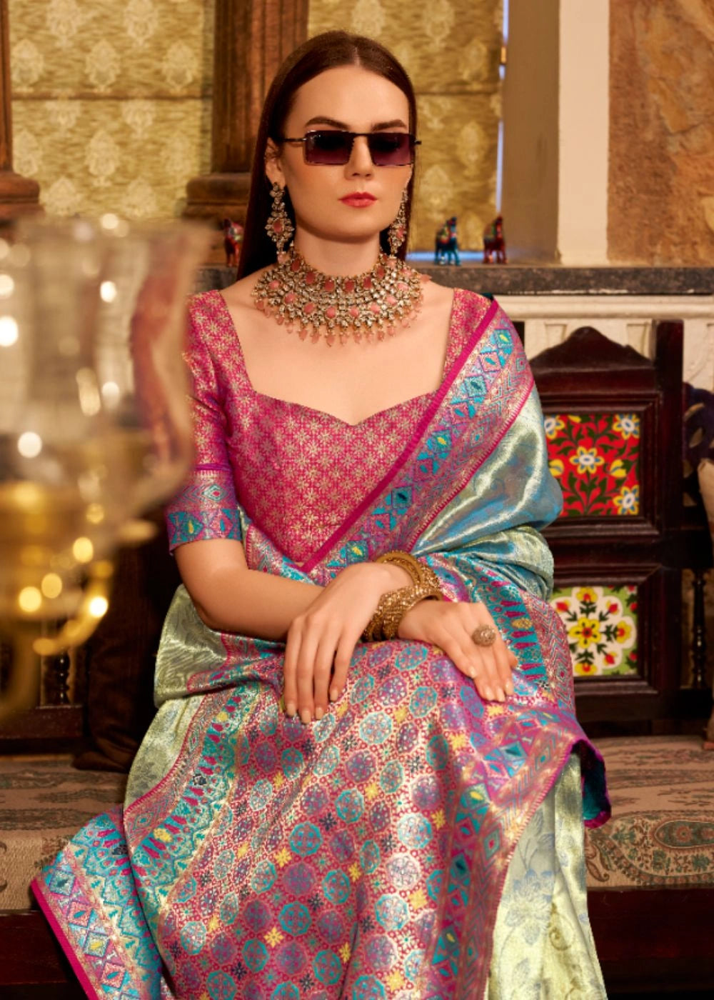 Greyish Blue Tissue Silk Saree with Designer Contrast Border & Pallu