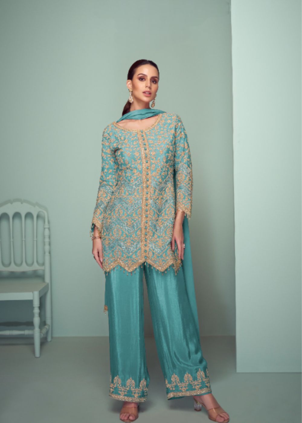 Firoza Sheherzaadi Aura - Aqua Grace Royal Chinon Embroidered Suit Set