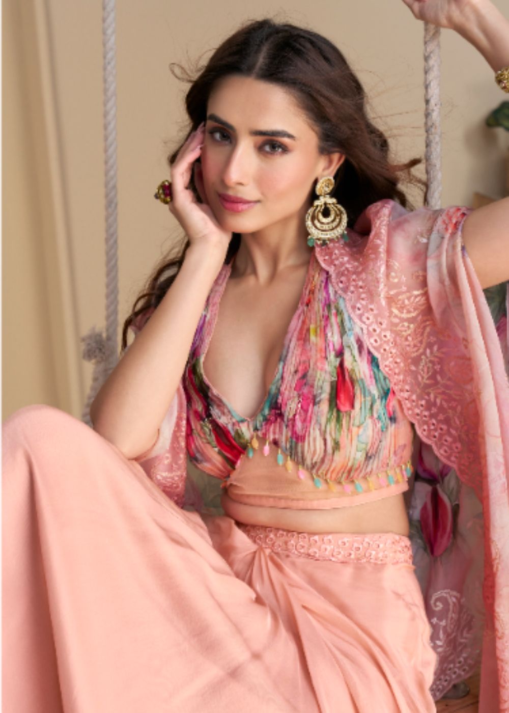 Blush Pink Draped Palazzo Set with Pastel Rose Floral Shrug