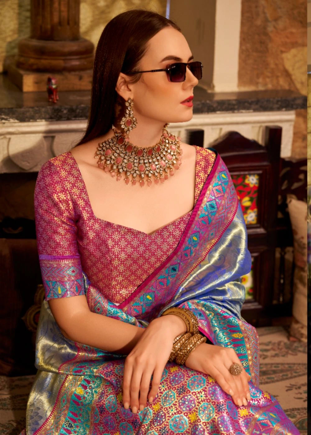 Royal Blue Tissue Silk Saree with Designer Contrast Border & Pallu