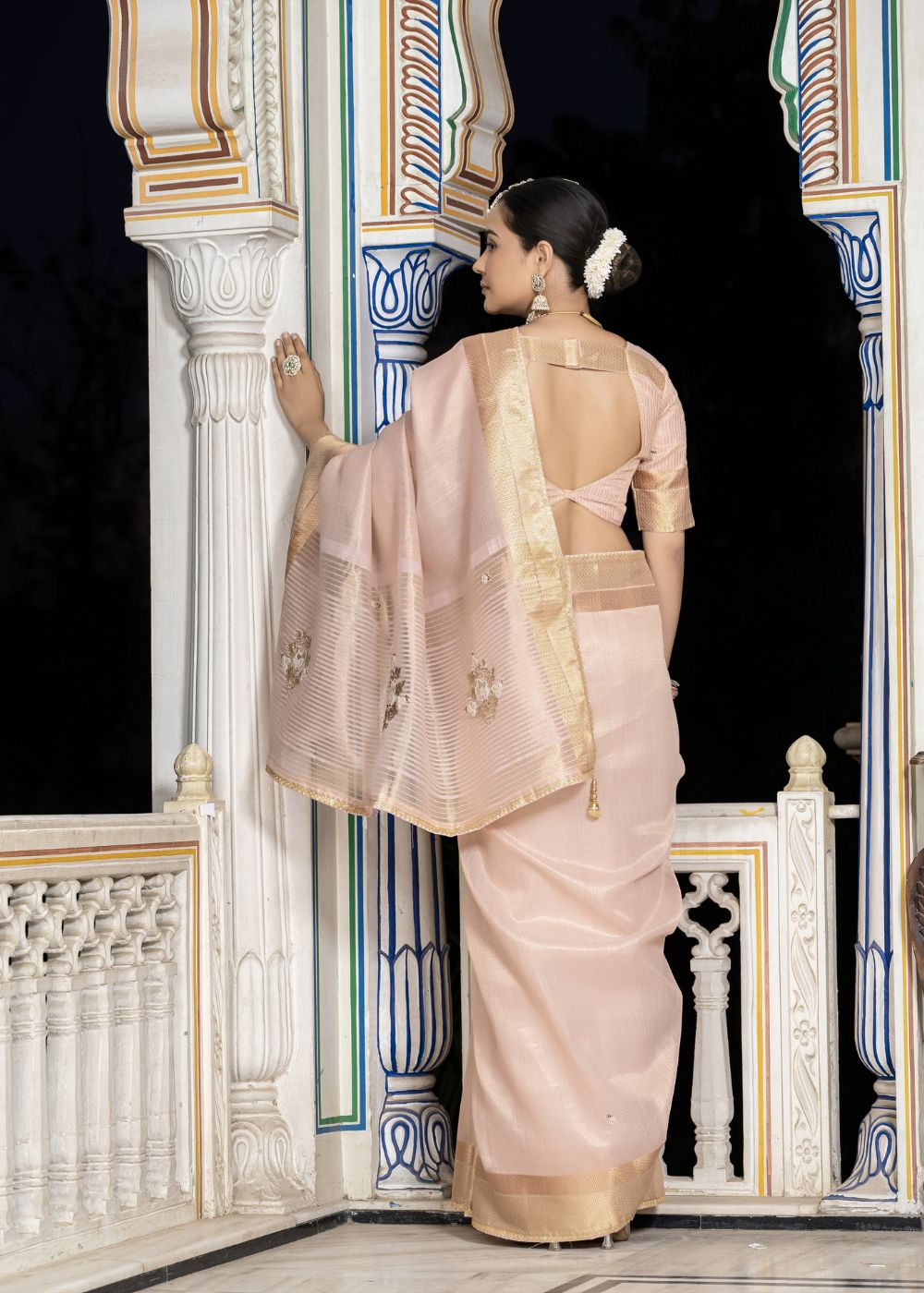 Blush Radiance Tissue Linen Saree with Moti & Cutdana Khatli Work and Elegant Tassels