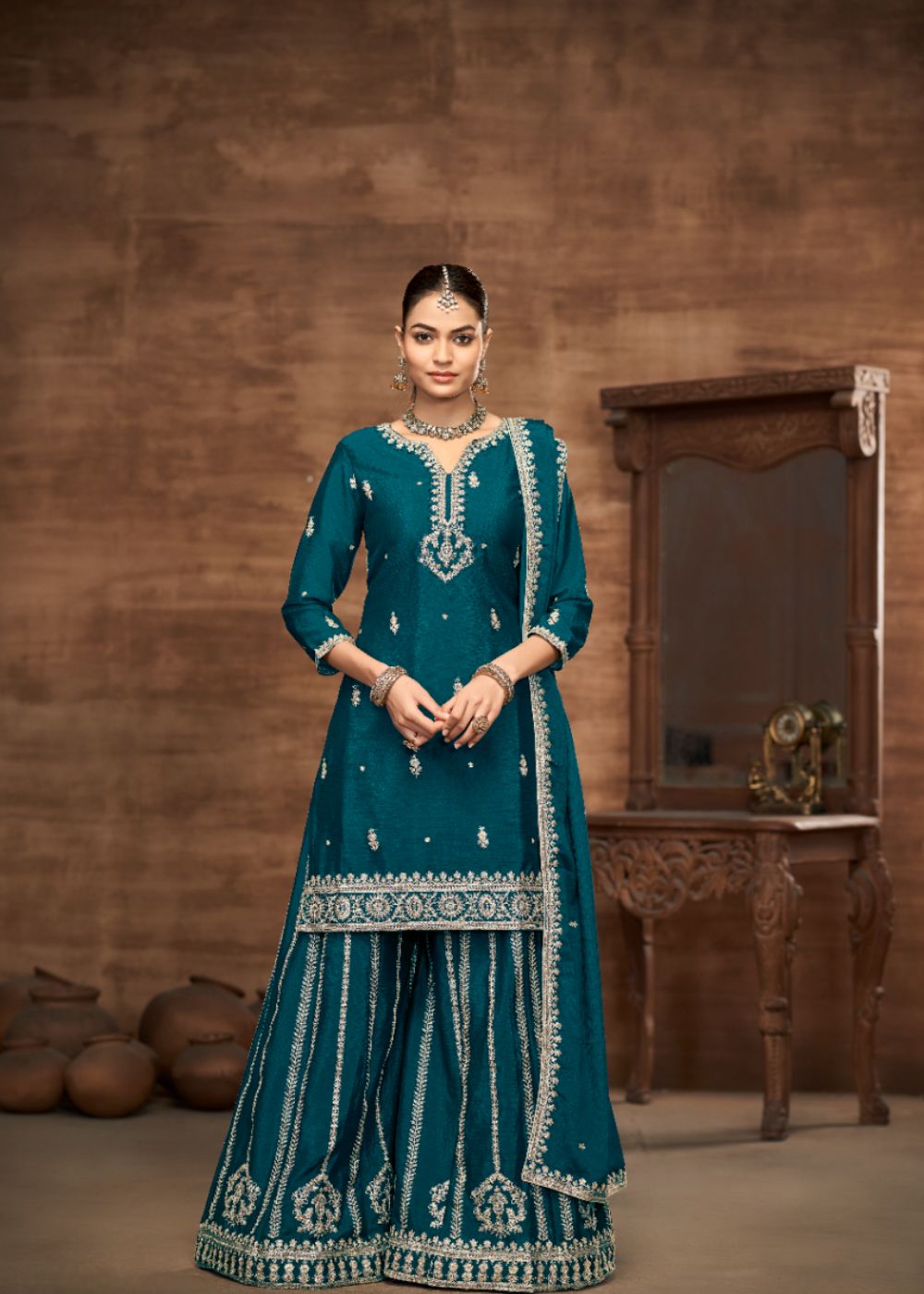 Teal Grace-Designer Chinon Silk Suit Set