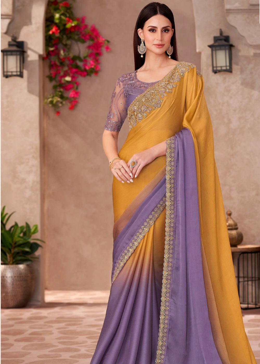 Mustard Yellow & Lavender Dual-Tone Satin Chiffon Saree