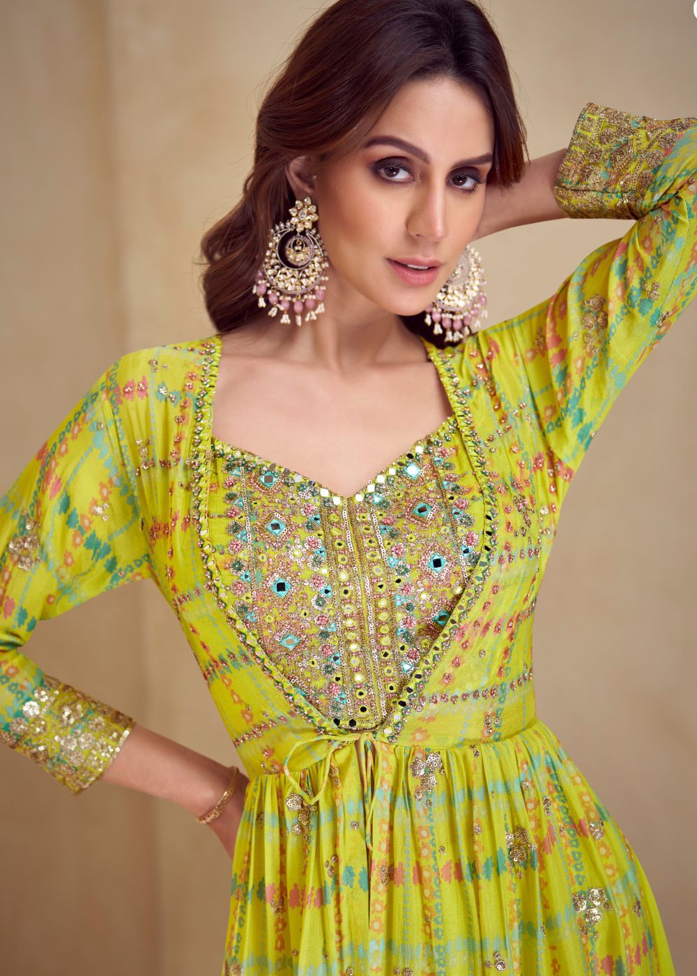 Lime Glow Real Chinon & Silk Anarkali Suit