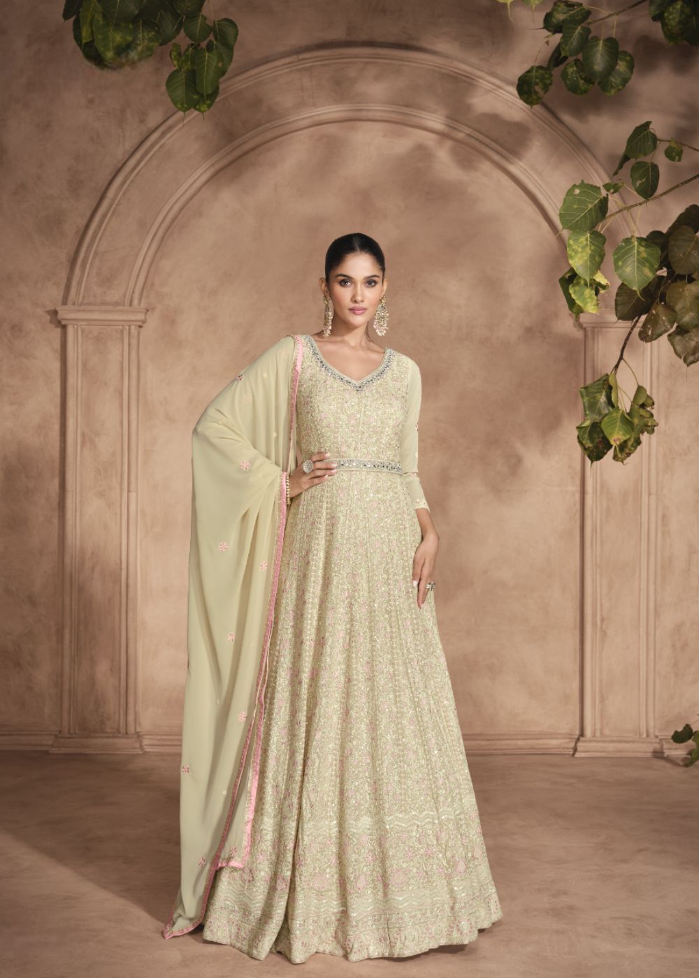 Pistachio Pink Embroidered Georgette Anarkali Suit with Organza Dupatta