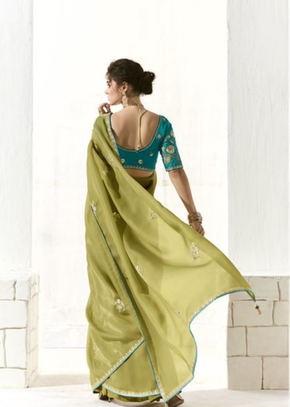 Haldi Pushp – Lime Green & Yellow Organza Tissue Saree with Butta Work