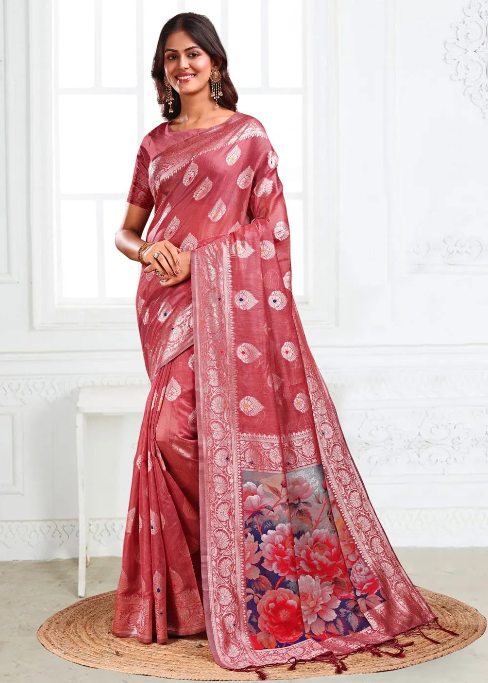 Crimson Rose Linen Cotton Saree with Paisley Woven Motifs & Floral Printed Pallu