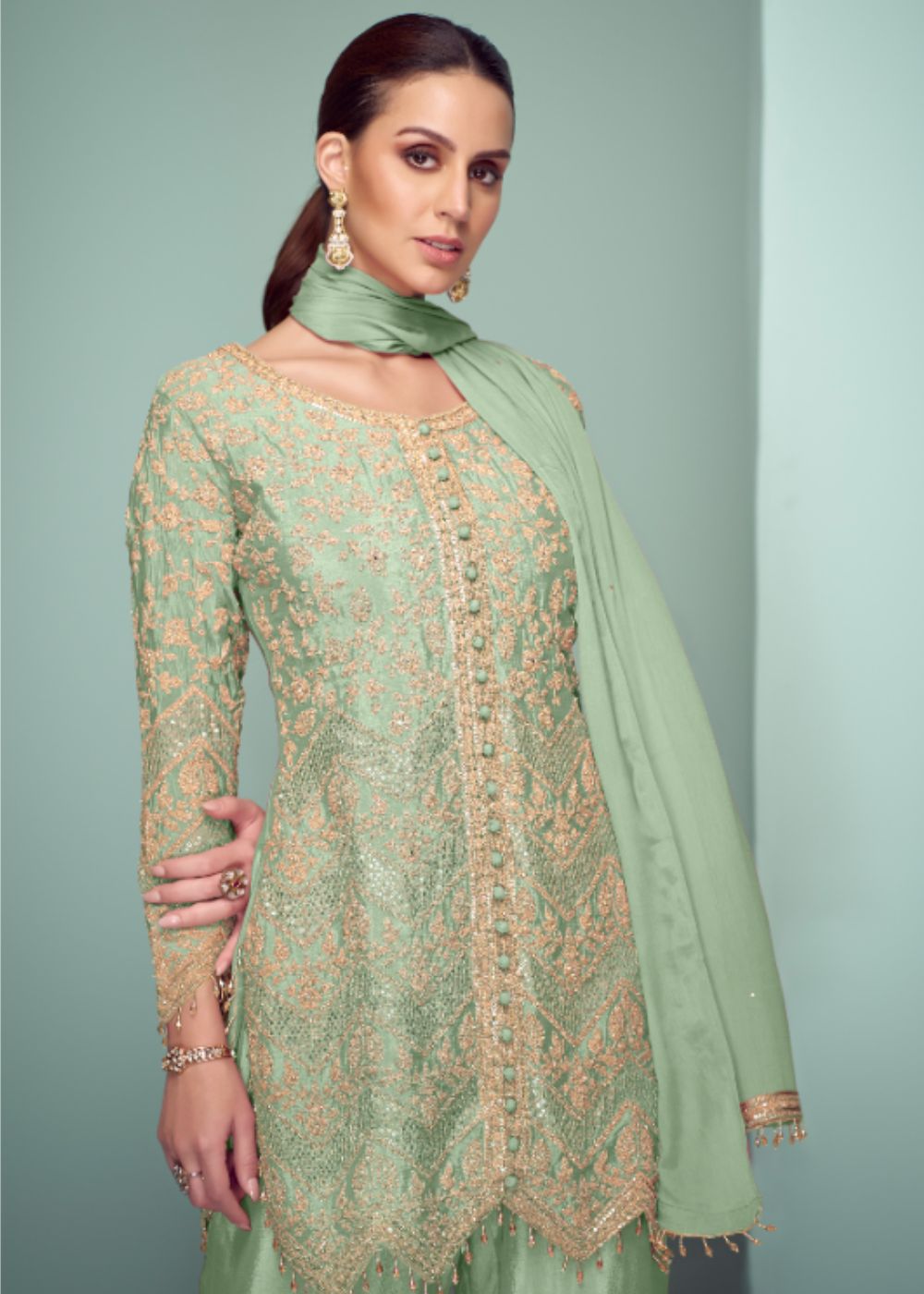 Mint Majesty Embroidered Chinon Plazoo Suit