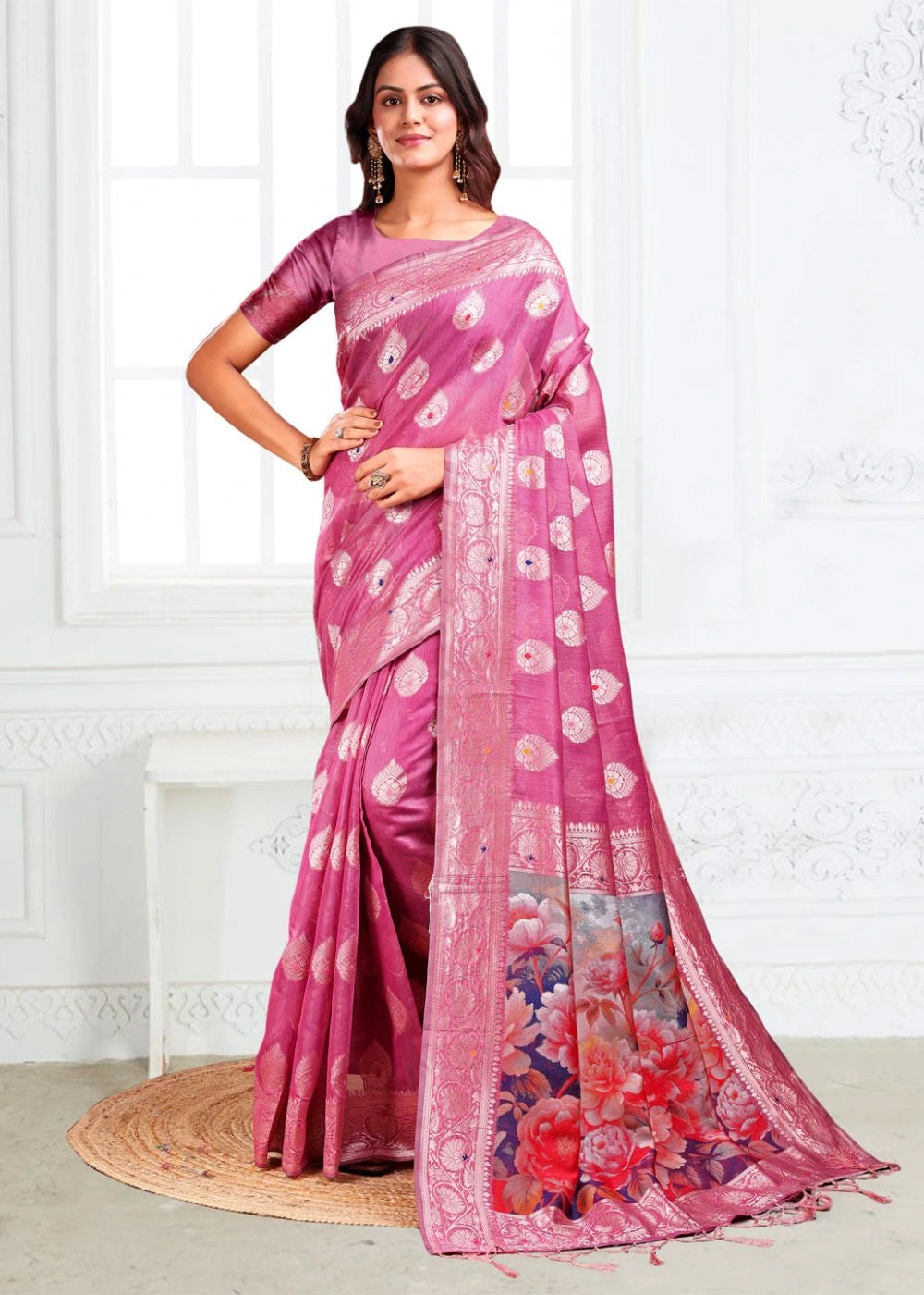 Orchid Pink Linen Cotton Saree with Rich Woven Motifs & Royal Garden Floral Pallu