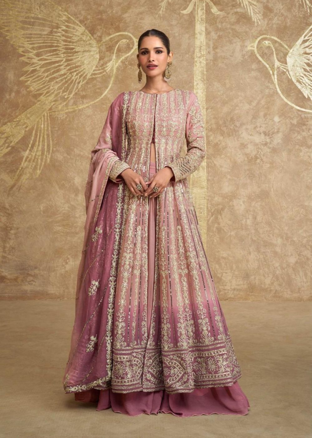 Noor–Gulabi Zari Kalidar Slit Anarkali with Embroidered Dupatta