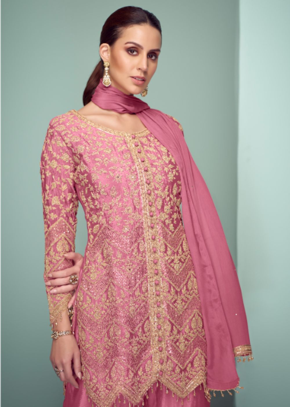 Gulnaar Roohani Blush Designer Chinon Embroidered Suit Set