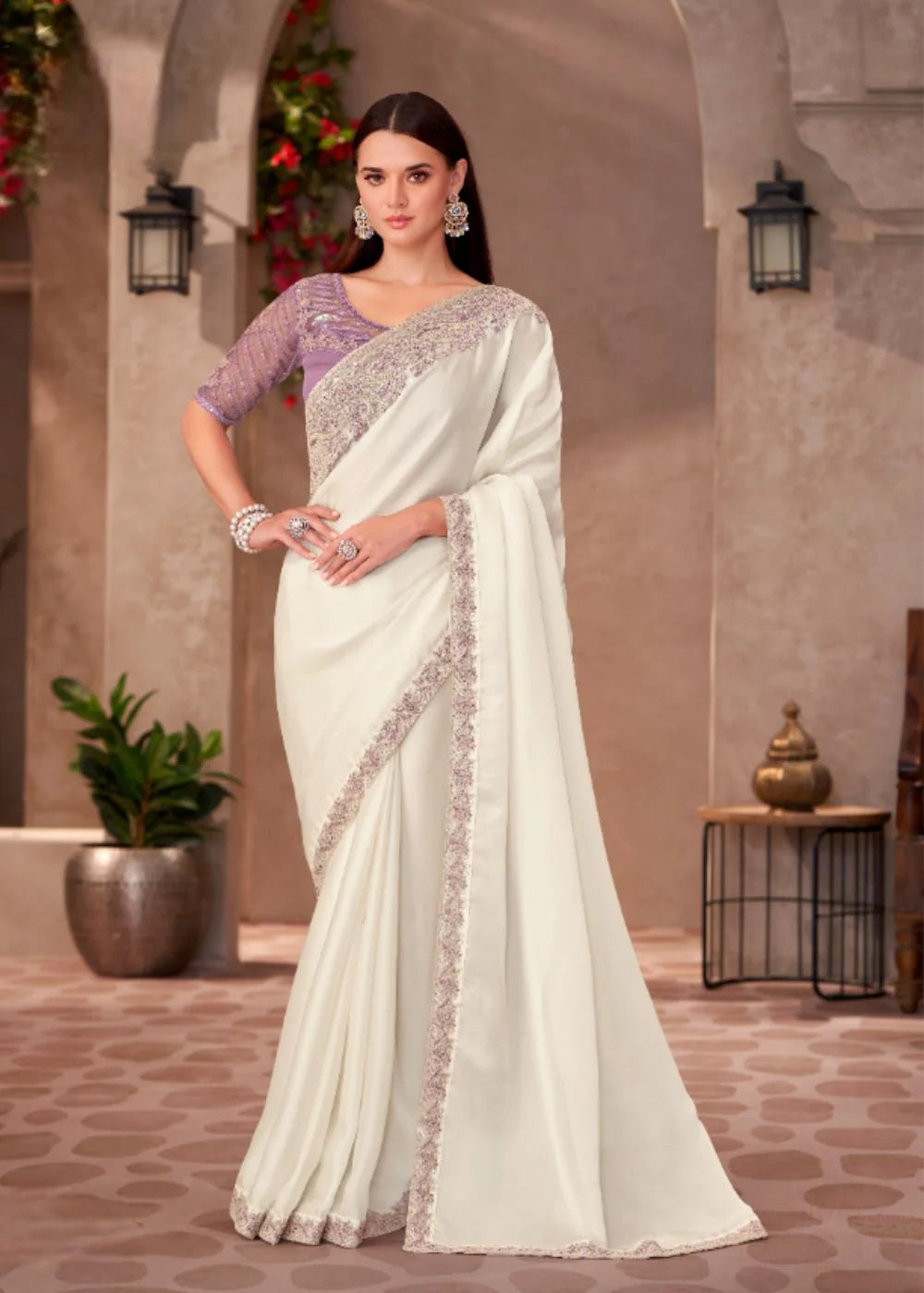 Ivory White Chiffon Saree with Embroidered Lace Border