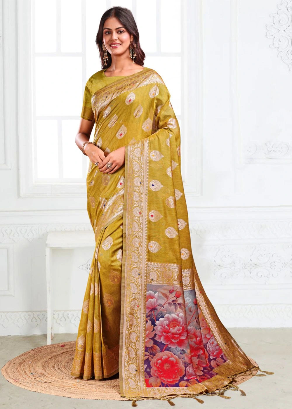 Mustard Marigold Linen Cotton Saree with Zari Paisley Butta & Blooming Pallu Design