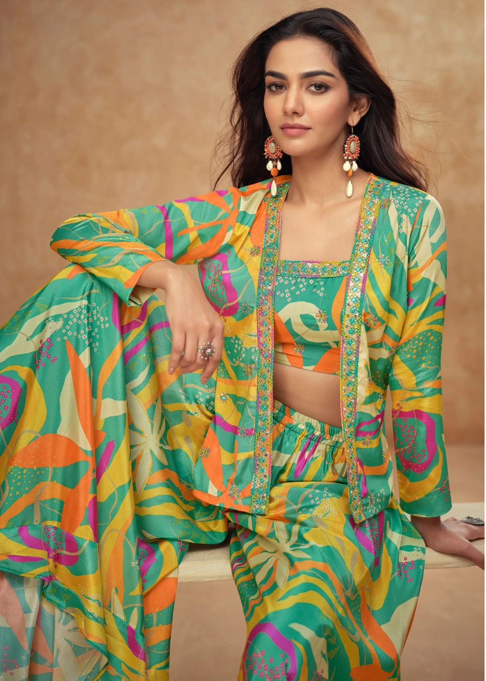 Vibrant Tropical Real Chinon & Silk Palazzo Set