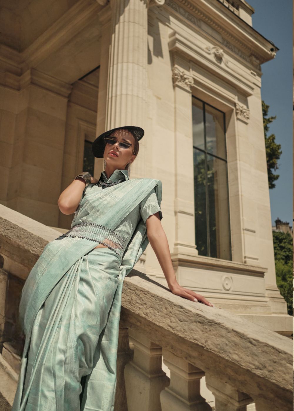 Mint Aqua Green Satin Silk Saree with Self-Weaving