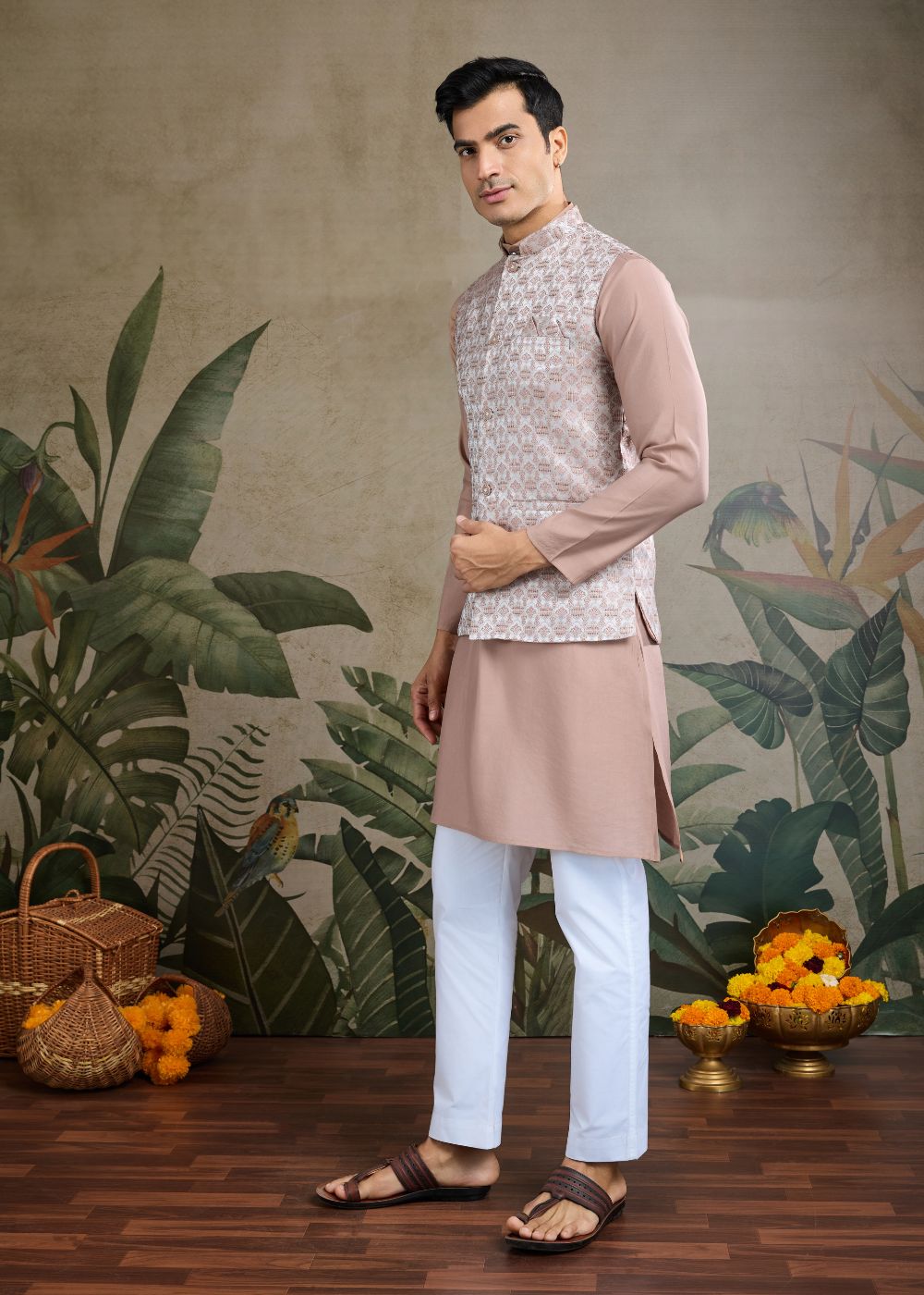 Rose Dust Royalty – Blush Beige Kurta with Designer Jacquard Silk Jacket
