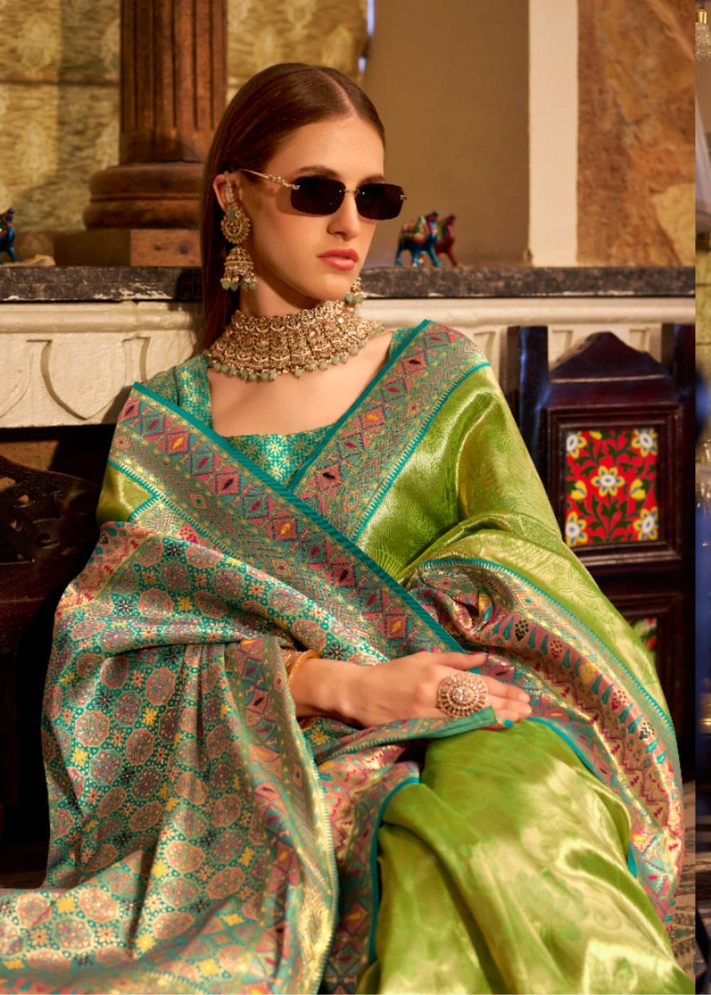 Lime Green Tissue Silk Saree with Designer Contrast Border & Pallu