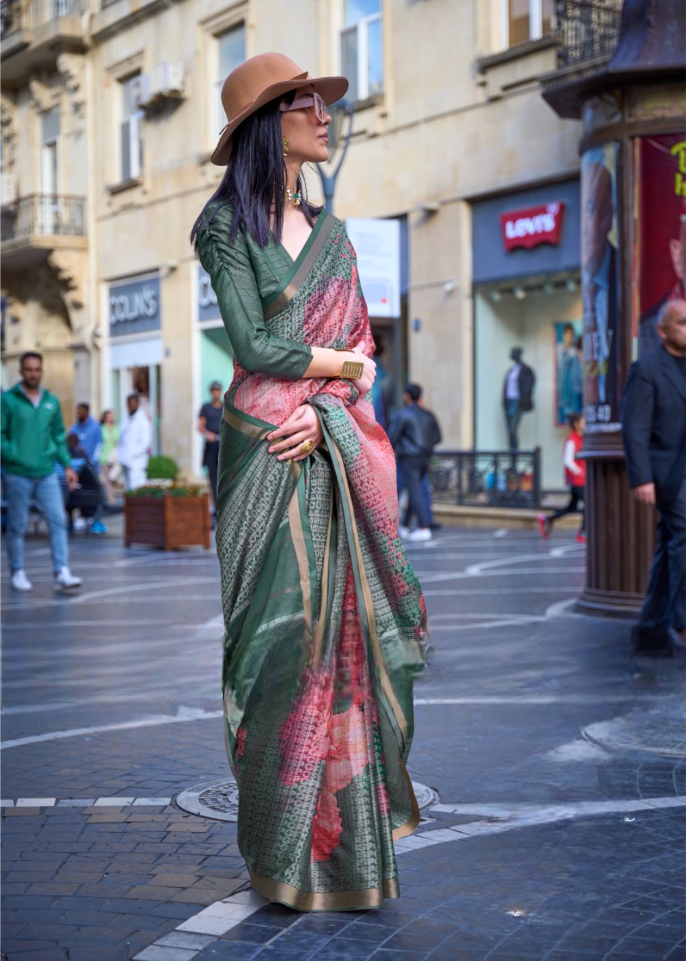 Bottle Green with Rose Hues Printed Poly Viscose with Handloom Texture