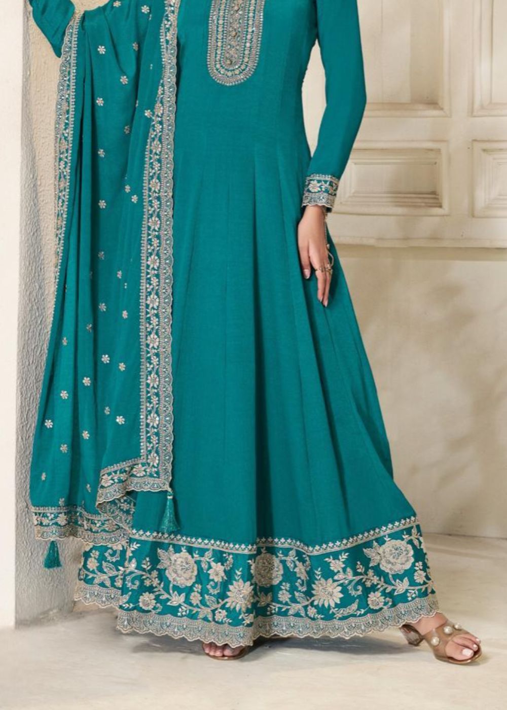 Verdant Charm Embroidered Chinnon Gown