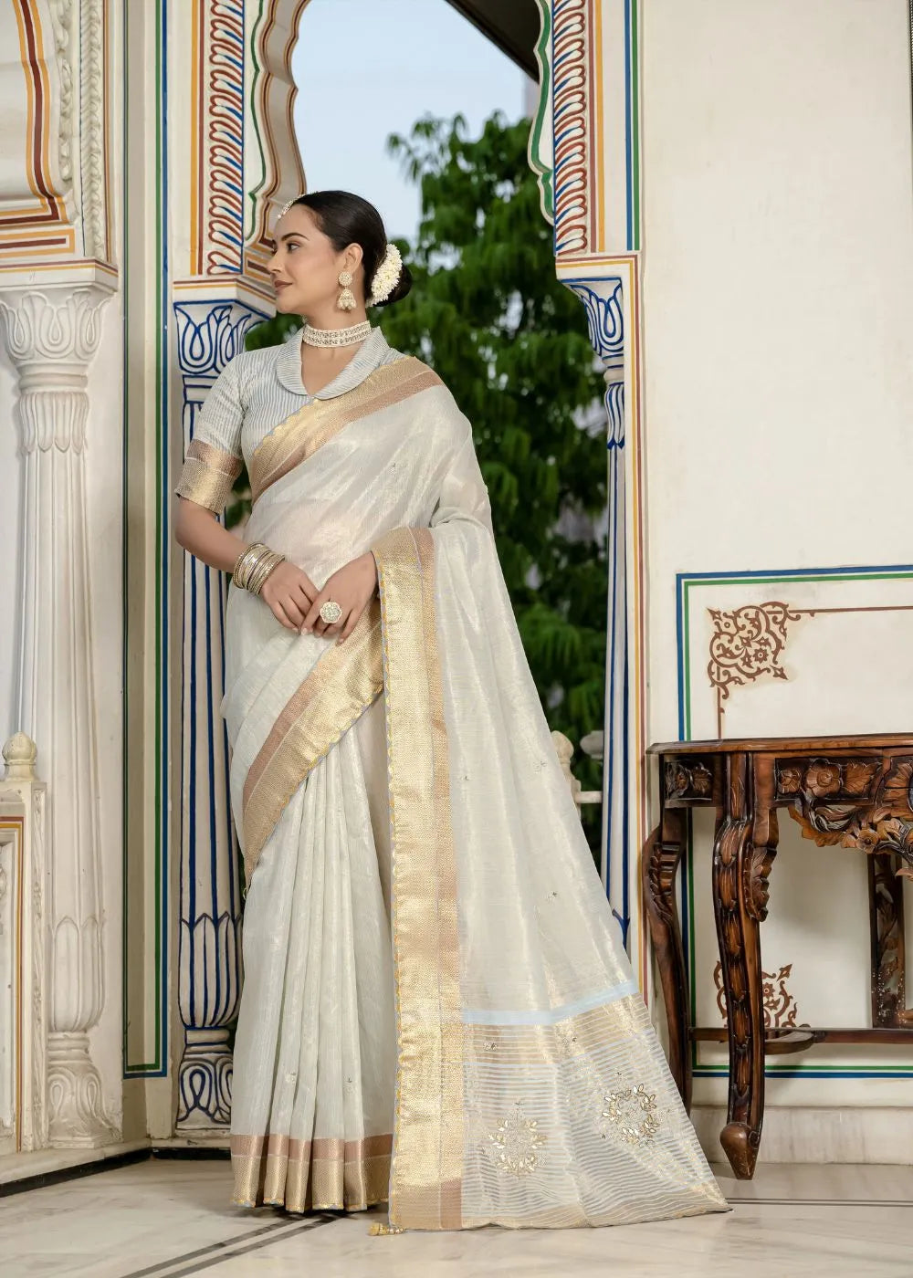Mint Opulence Tissue Linen Saree with Traditional Handwork and Zari Accents