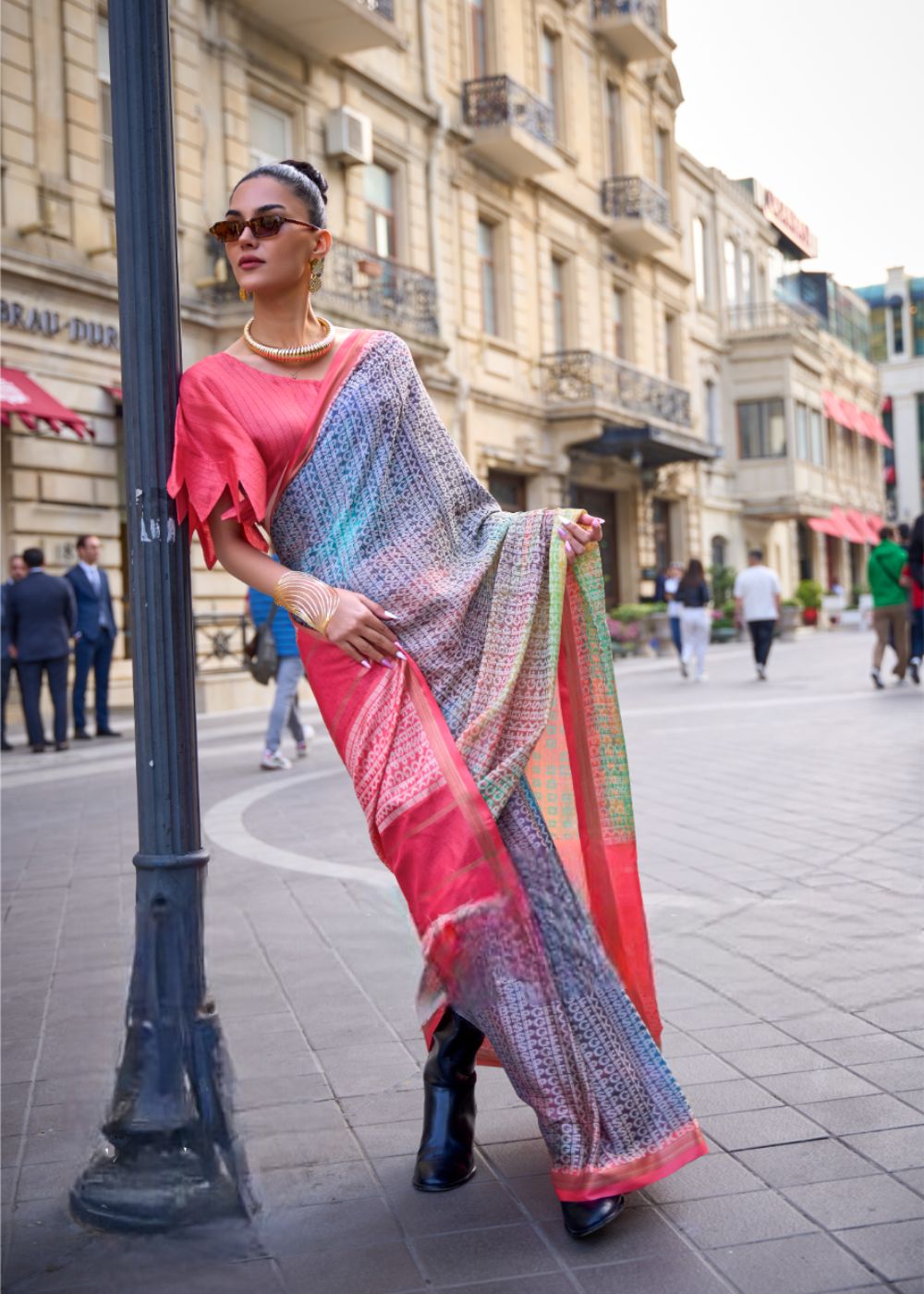 Deep Rose Red with Multicolor Tints Printed Poly Viscose with Handloom Texture