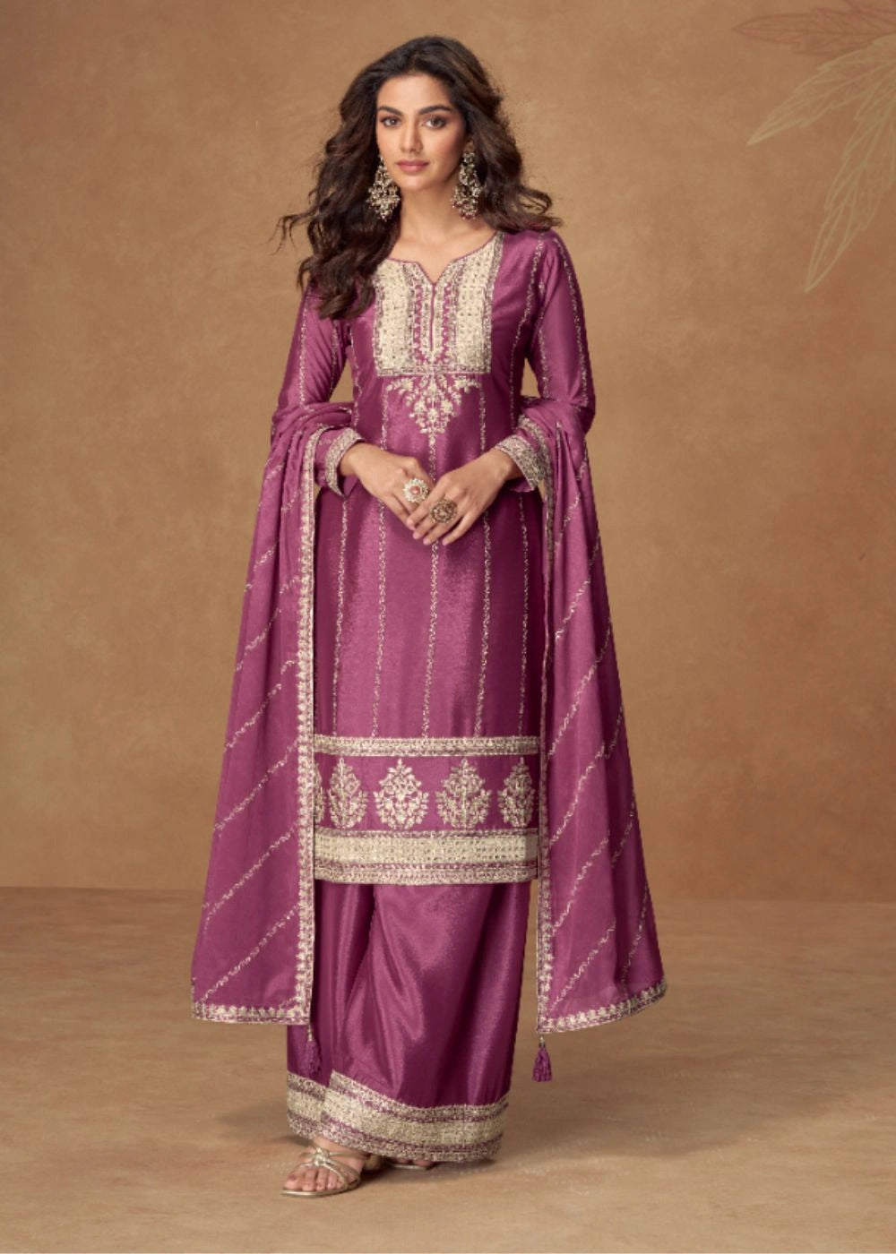 Majestic Plum Purple Premium Chinnon Silk Suit with Intricate Zari Embroidery & Embellished Dupatta