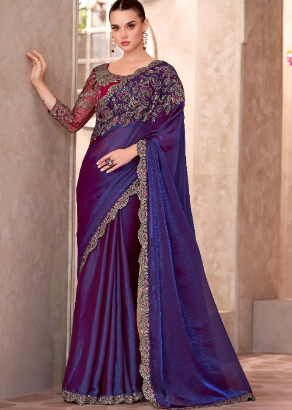 Royal Blue Satin Georgette saree with Intricate Lace Border
