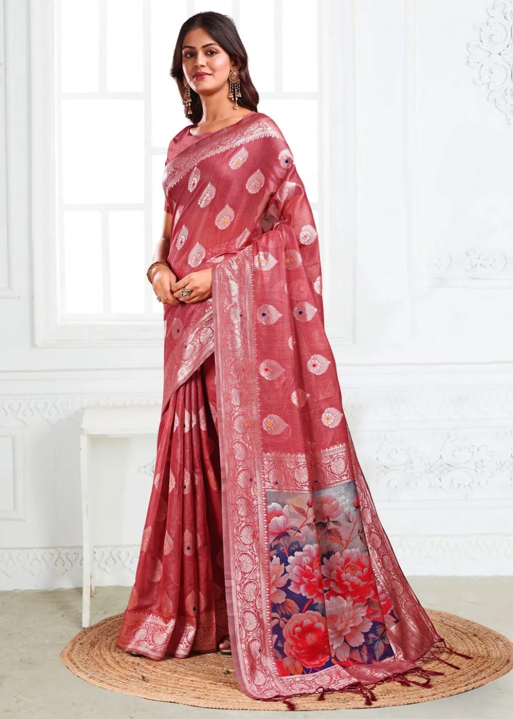 Crimson Rose Linen Cotton Saree with Paisley Woven Motifs & Floral Printed Pallu