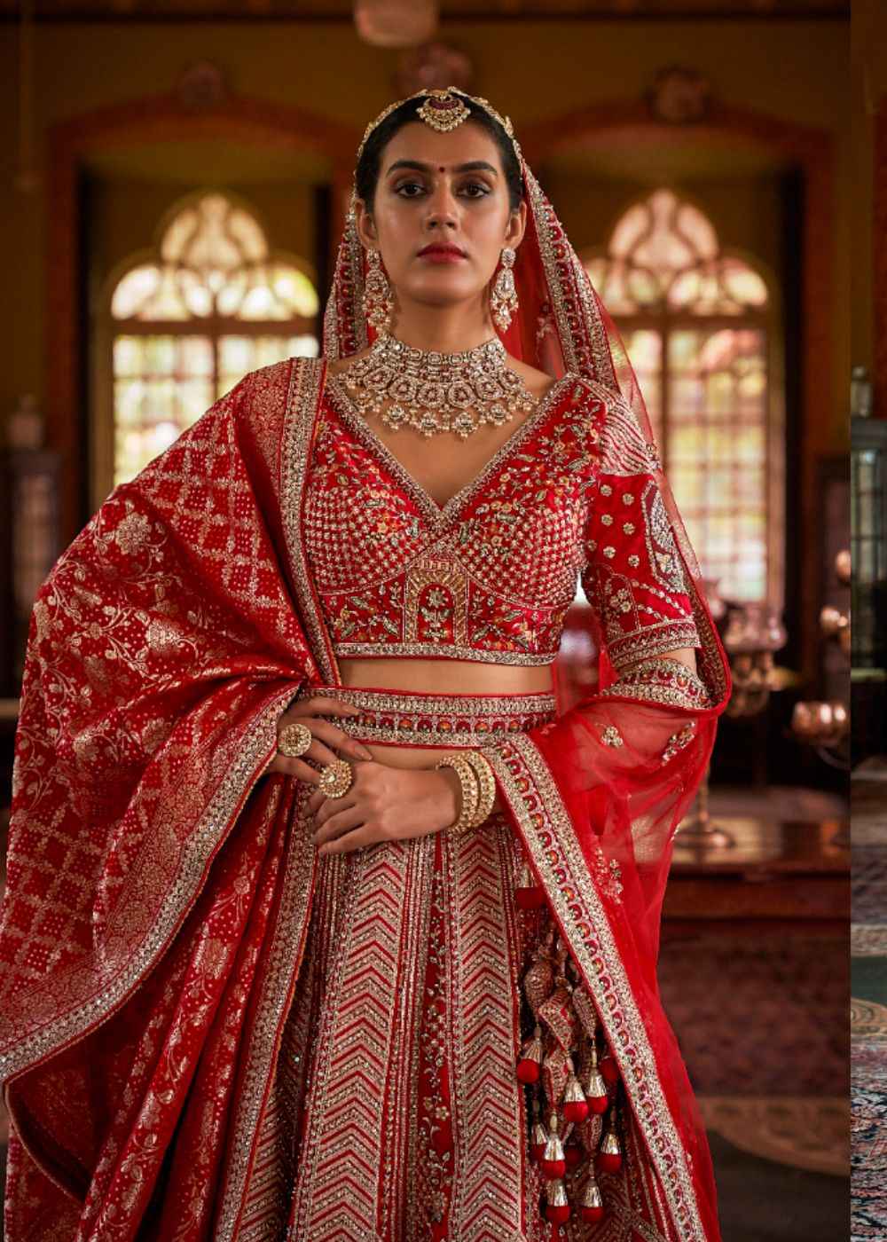 Crimson Royal Heritage Double Dupatta Bridal Lehenga