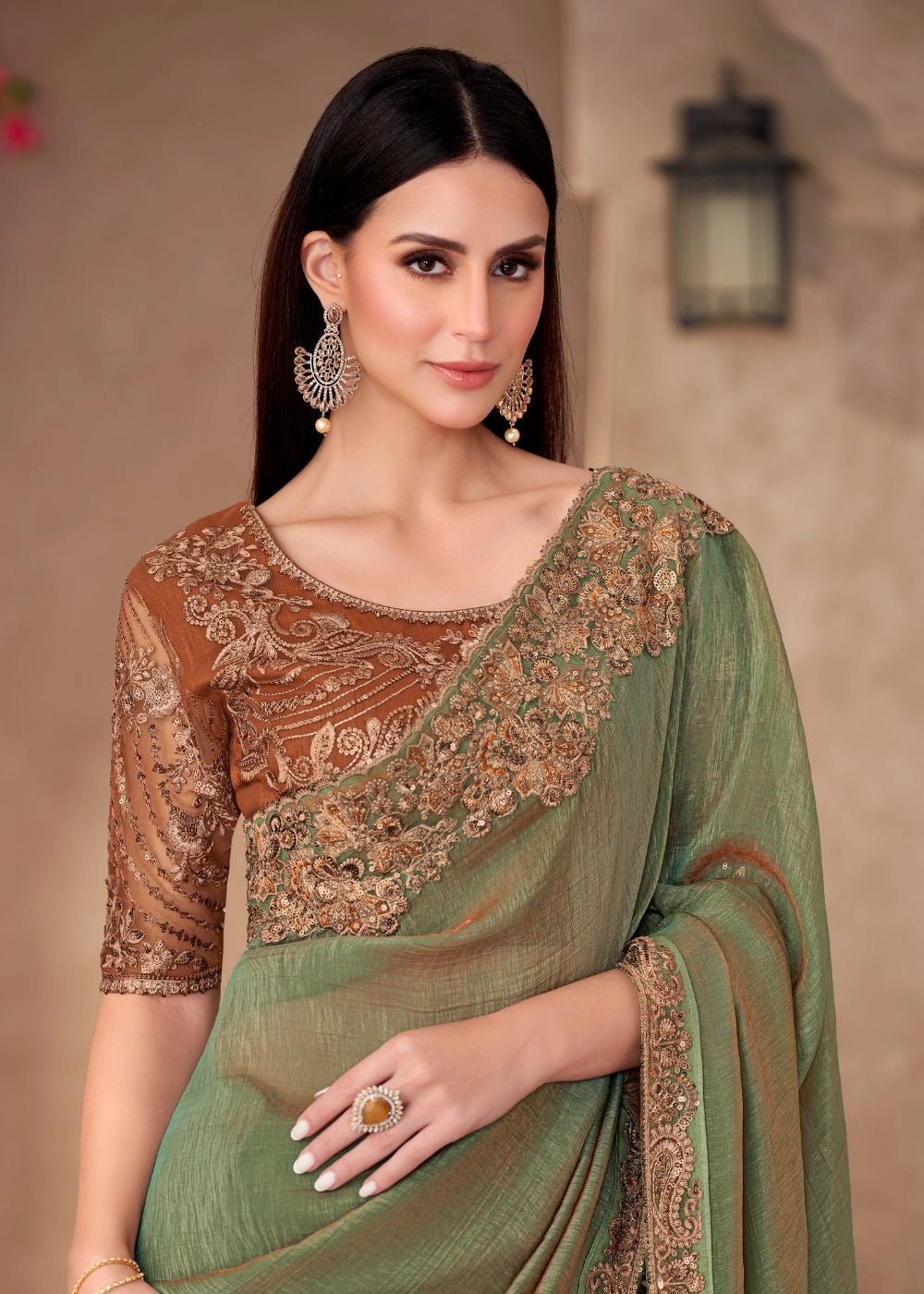 Olive Green Satin Chiffon Saree with Zari Lace Detailing