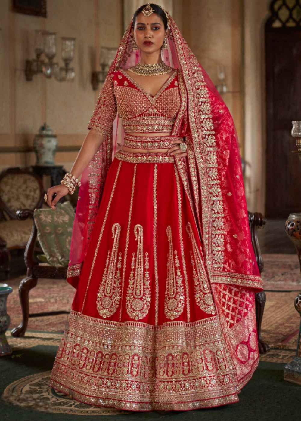 Ruby Charm – Bold Red Bridal Lehenga Set with Double Dupatta