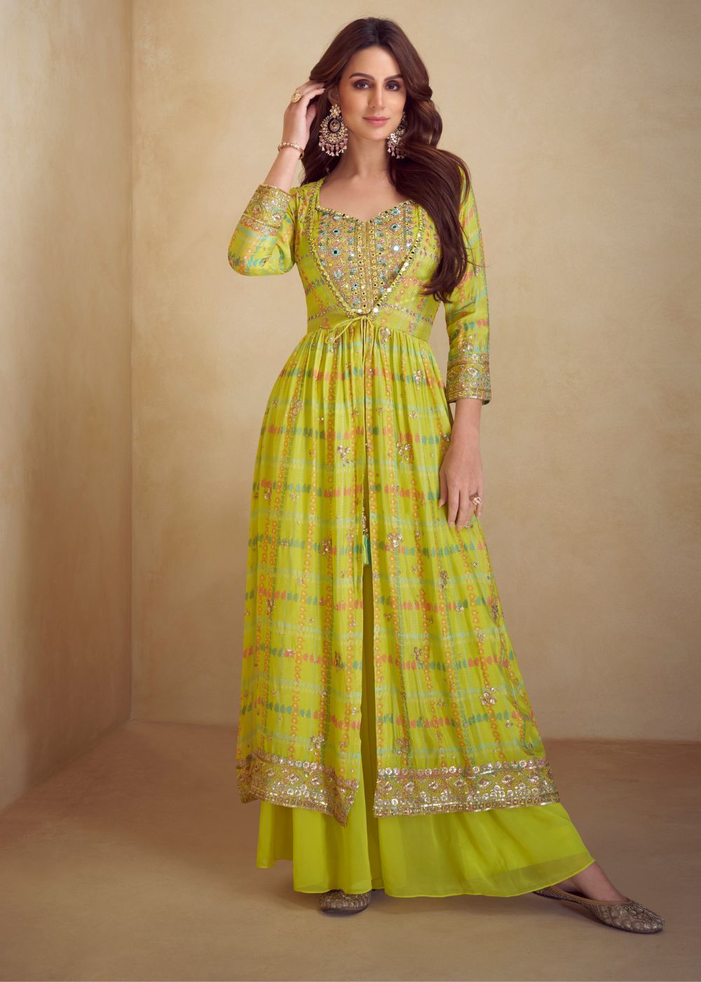 Lime Glow Real Chinon & Silk Anarkali Suit