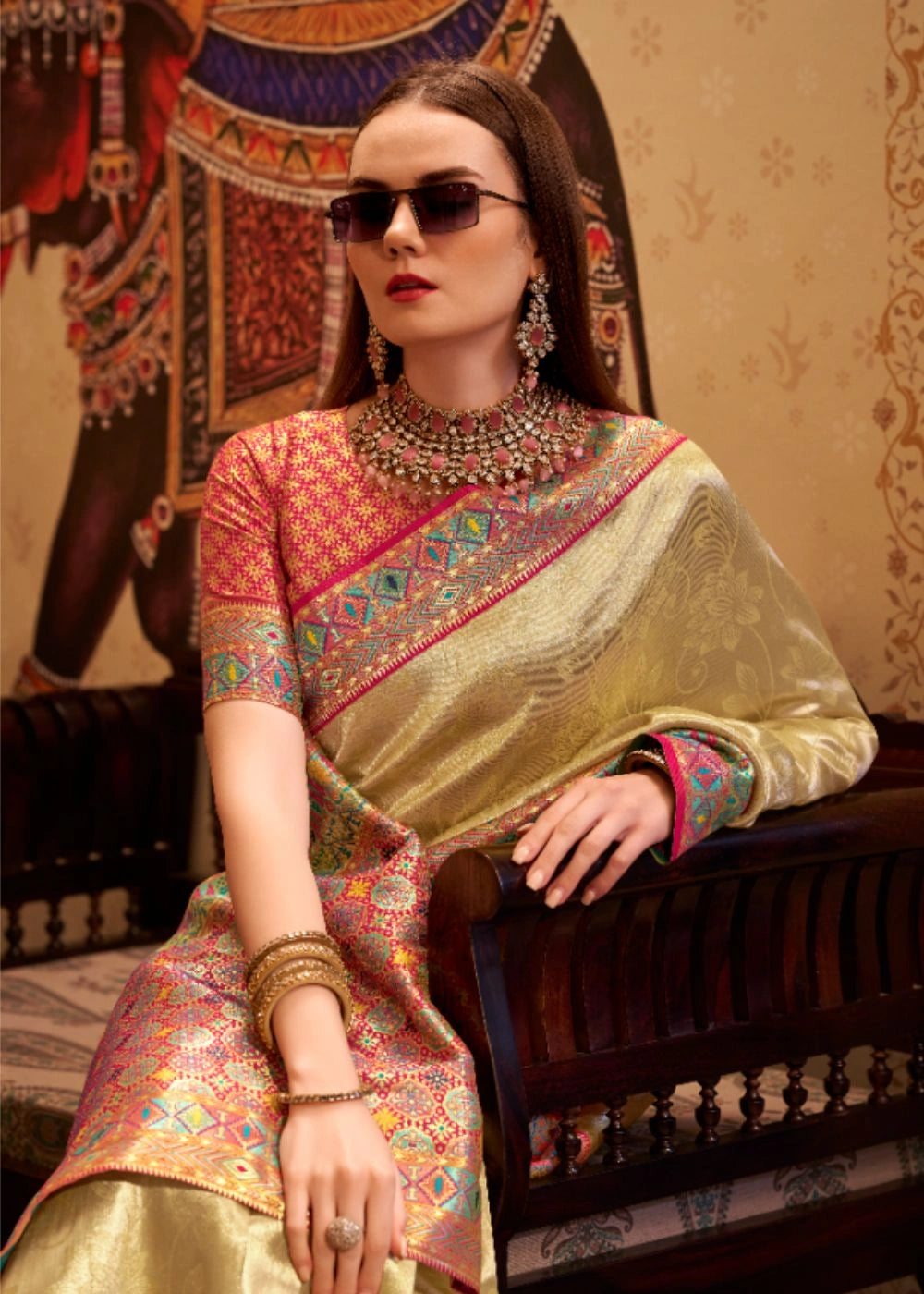Champagne Gold Tissue Silk Saree with Designer Contrast Border & Pallu