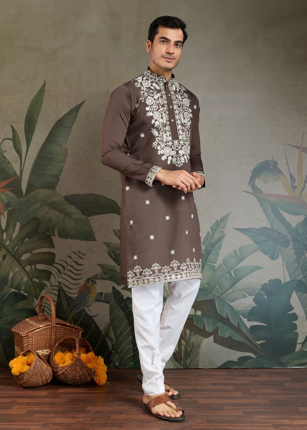 Chocolate Grey Rayon Kurta with Heritage Thread Work: Top Style Pick