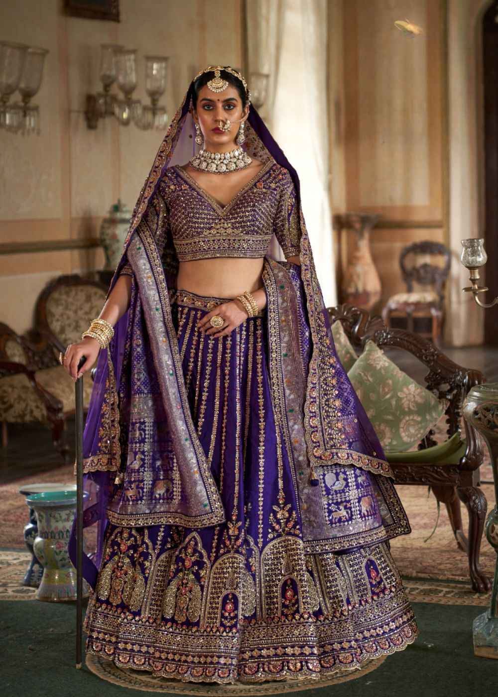 Midnight Majesty – Royal Purple Bridal Lehenga Set with Double Dupatta