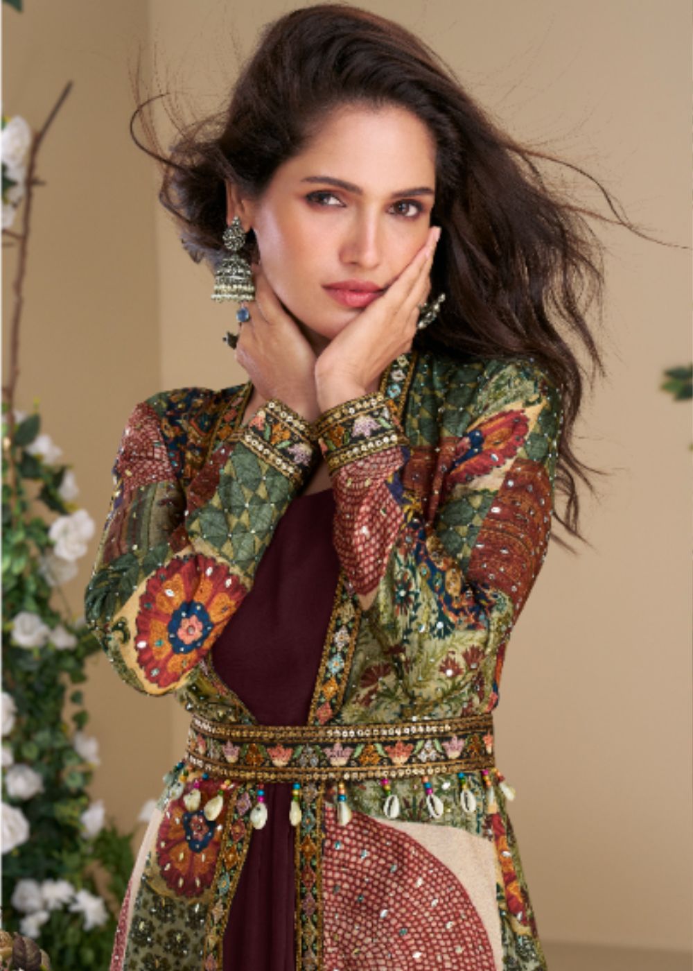 Wine Mosaic Silk Embellished Shrug Set