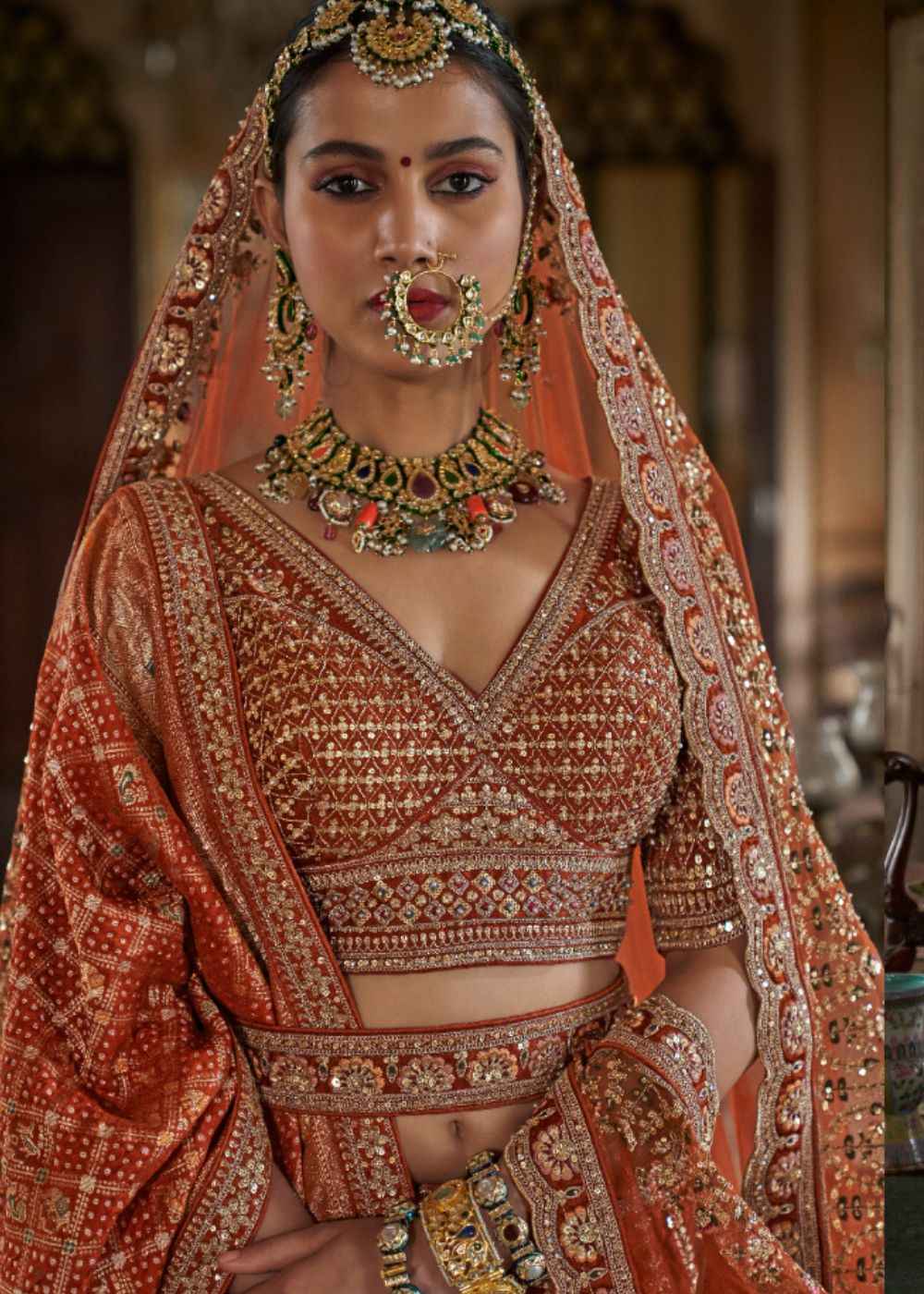 Regal Ember – Radiant Orange Bridal Lehenga Set with Double Dupatta